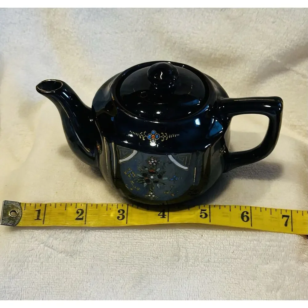 Vtg 1950's Redware Brown Betty Hand Painted Tea Pot 3.5